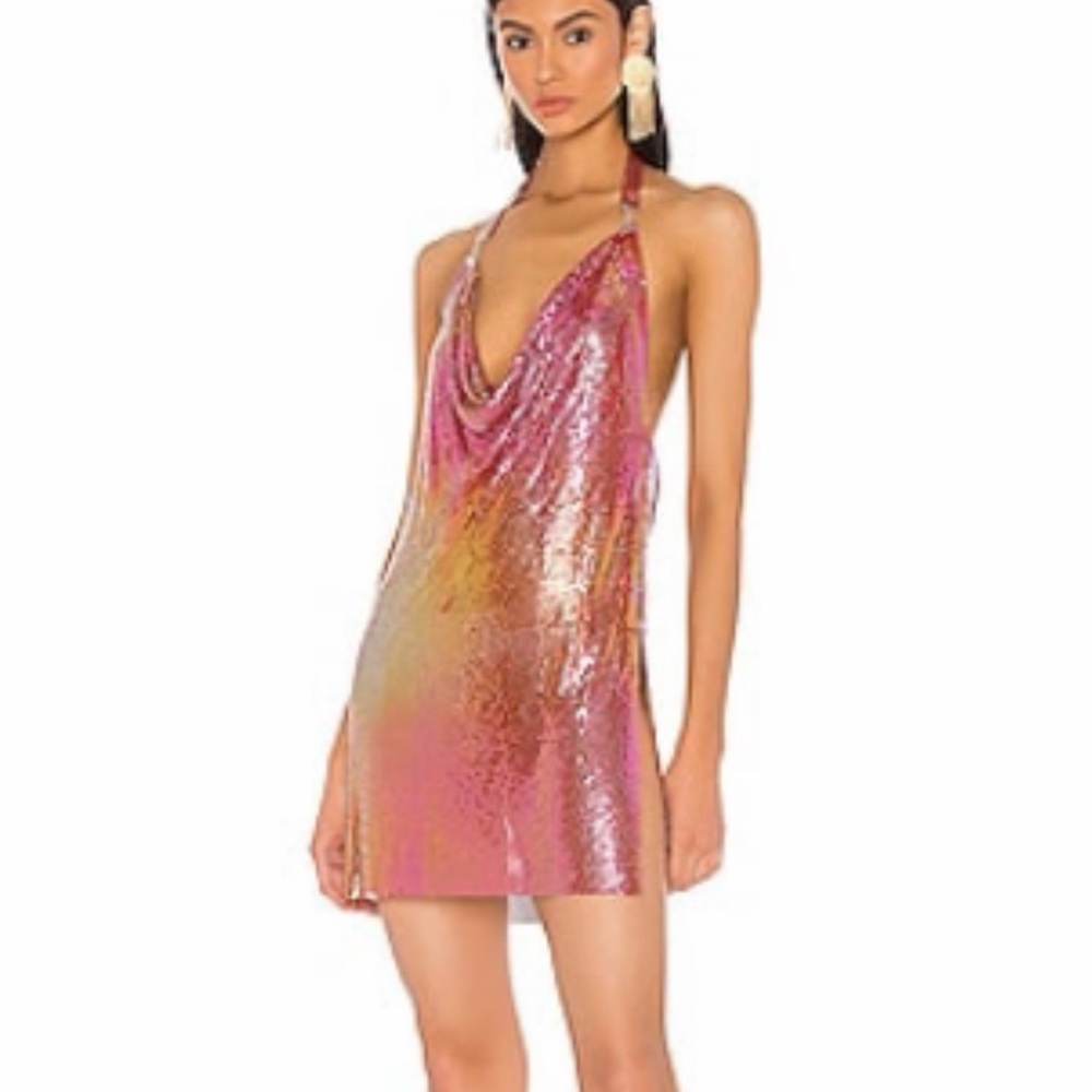REVOLVE SUPERDOWN Holographic Pink-Gold Sequin Halter Mini Dress